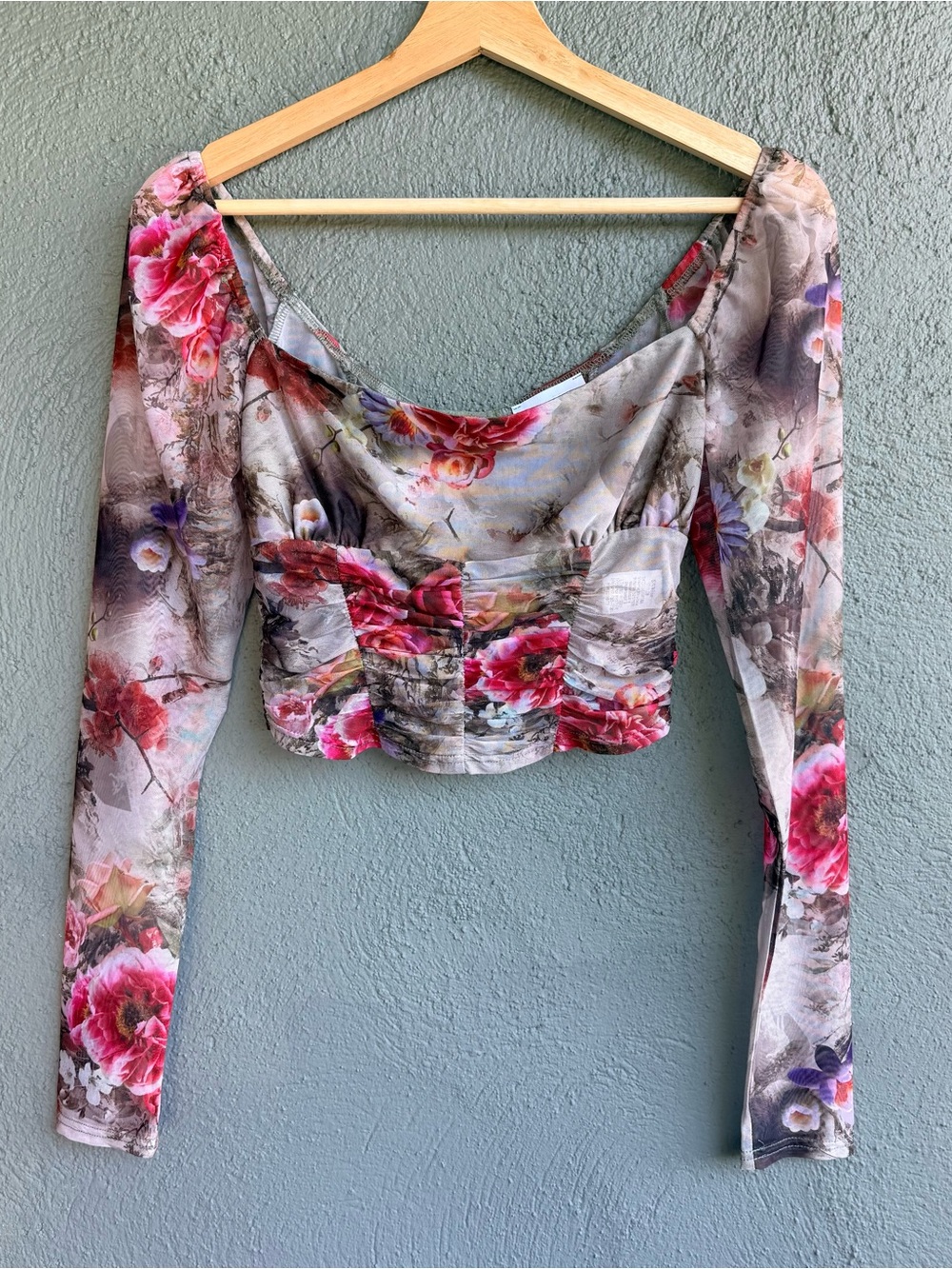 Floral printed mesh long sleeve cropped corset top